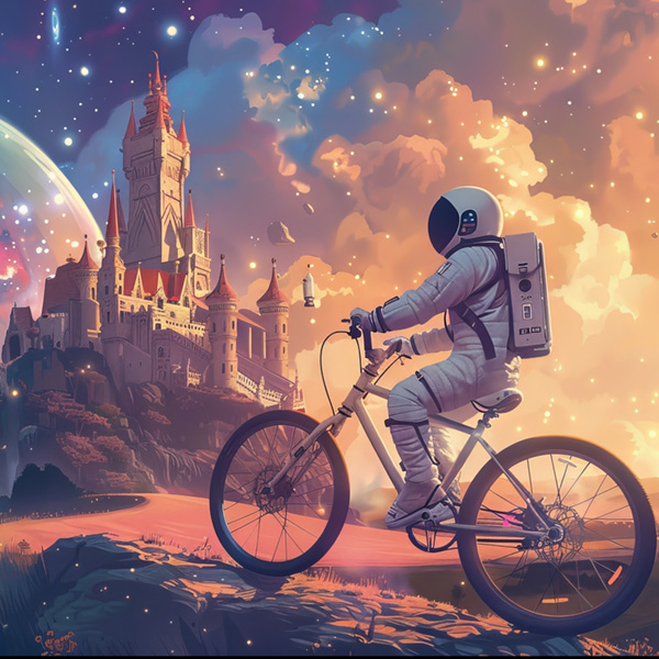 AI-generated image of an astronaut riding a mountain bike towards a fairy tale castle