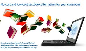 Image of a laptop with colorful books flying out of it.