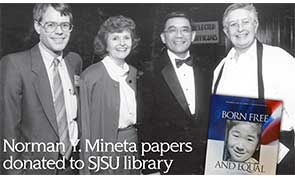 An archival photo of local leaders Ken Yeager, Susanne Wilson, Norman Mineta, and Wiggsy Sivertsen. 