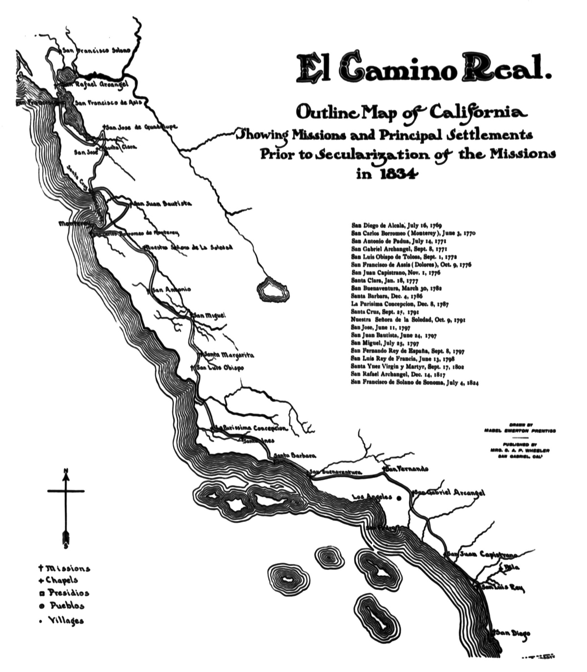 Outline map of California showing missions and principal settlements prior to secularization of the missions in 1834