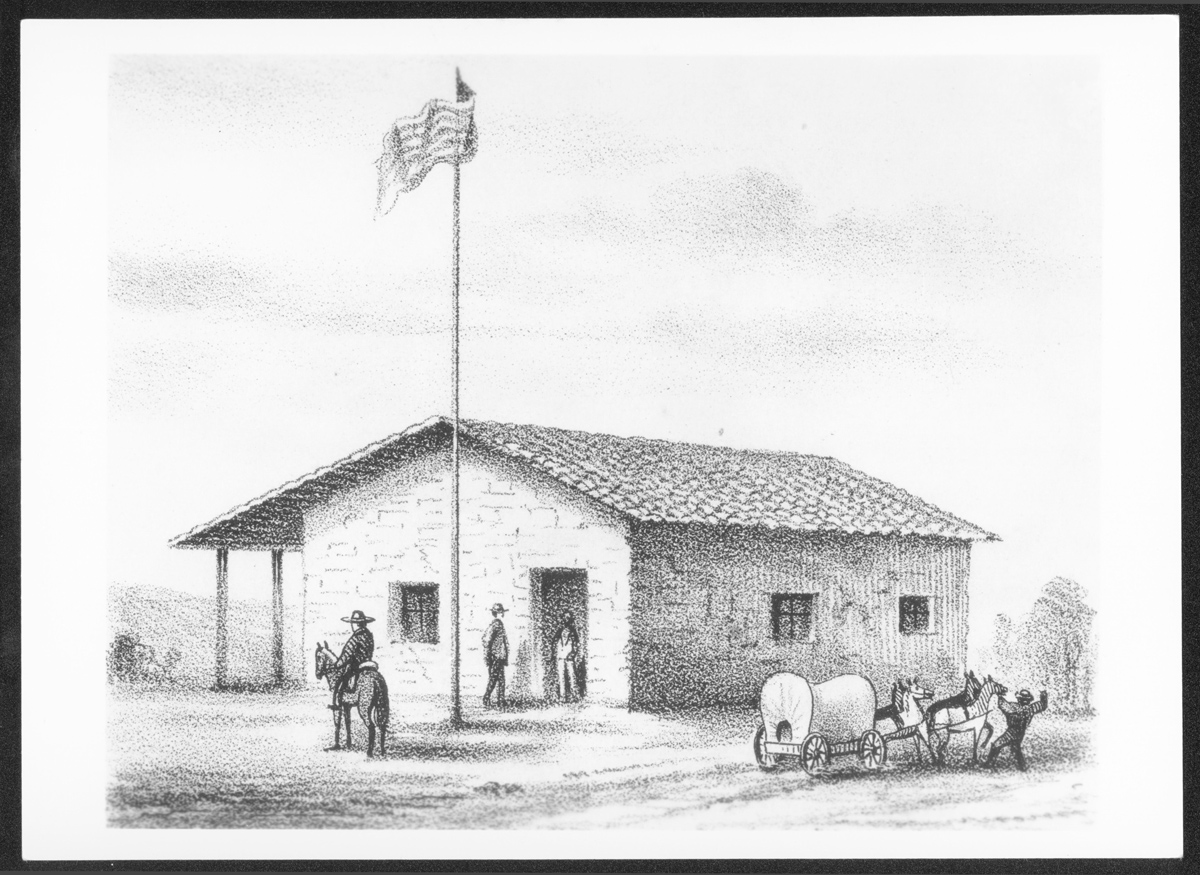 Drawing of an exterior view of the Mexican Courthouse in San Jose, ca.1900