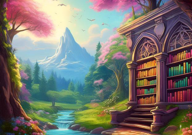 Fantasty image of a bookshelf with a mountain and stream