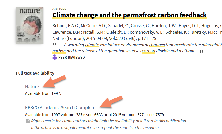 Screenshot of climate change article record in OneSearch