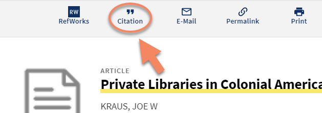 Screenshot of citation link in a OneSearch record