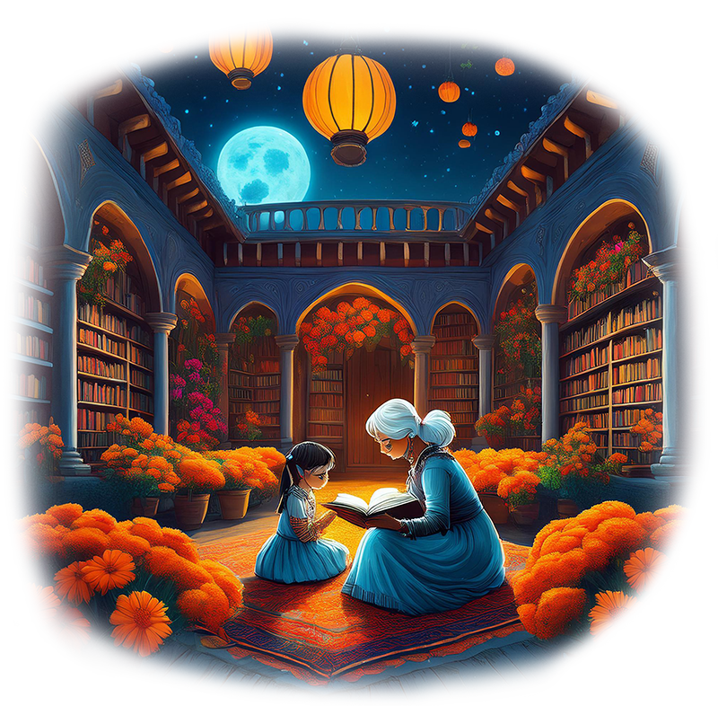 Create a nighttime library with Spanish colonial architecture, inspired by the Day of the Dead. The scene is filled with vibrant marigolds all around, and a grandmother is sitting, reading a story to her granddaughter.