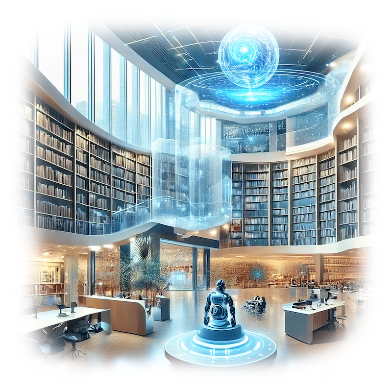 Design an advanced futuristic library look, blending cutting-edge AI technology with a San Jose State University (SJSU) theme. The library interior should feature sleek, modern architecture with large glass windows, glowing blue holographic displays, and include robot assistants. The space should have comfortable reading areas, futuristic bookshelves with digital interfaces, and AI-powered research stations. The atmosphere is bright, high-tech, and inspiring, representing the future of learning and innovation.