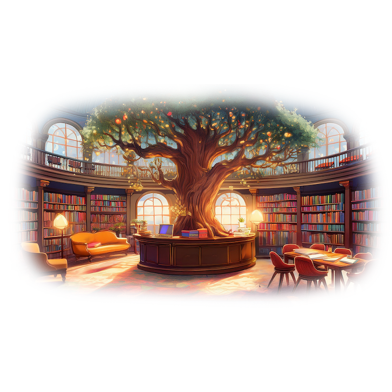 Generate an image of a huge, whimsical library with a willow tree in the center of the room. The reference desk sits in the middle of the room under the tree. Bookshelves line the walls and are filled with colorful materials that are organized and accessible. There are fairy lights and cozy, yet bright mood lighting. There are many comfortable chairs and couches. The atmosphere is welcoming, friendly, magical, and promotes community and learning.